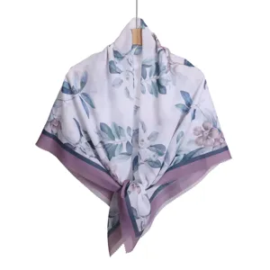 Elegant floral print square scarf with scalloped edges, versatile fashion hijab and shawl.
