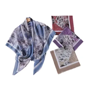 Large square art oil painting floral scarf with wavy edge for women head wrap styling accessories.
