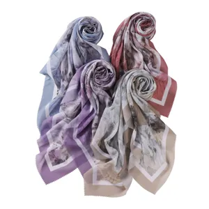 Women Large Square Scarf Art Oil Painting Floral Print Polyester Wavy Edge Elegant Headscarf Shawl Fashion Neck Scarf