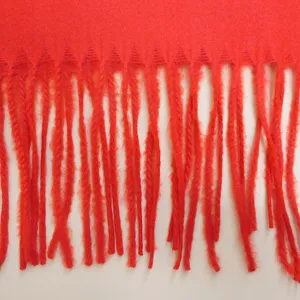 Detailed shot of a soft red imitation cashmere scarf featuring delicate fringe tassels.