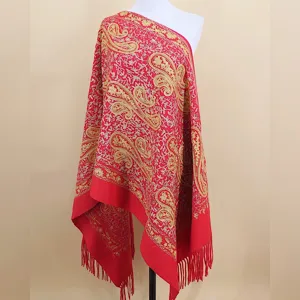 Châle imitation cachemire rouge brodé motif cachemire doré écharpe femme hiver chaude