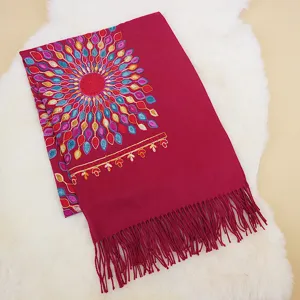 Detailed shot of ethnic style embroidered sunflower cashmere-feel women scarf shawl winter warm