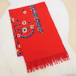 Red paisley embroidered imitation cashmere scarf winter warm ethnic tassel shawl detail