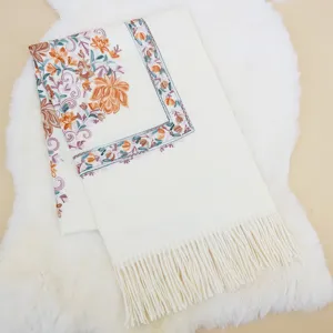 Women Winter Warm Scarf Ethnic Style Floral Embroidery Golden Velvet Mink Hair Imitation Cashmere Long Shawl