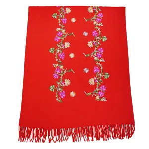 Chal de mujer de cachemira sintética bordado con flores rojas bufanda con flecos detalle