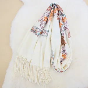 Cozy warm imitation cashmere winter women shawl scarf with ethnic floral embroidery tassels.