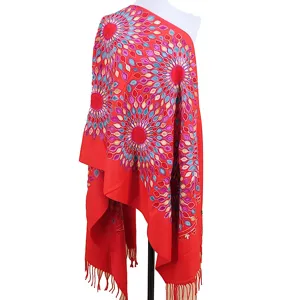Women's Ethnic Sunflower Embroidered Imitation Cashmere Scarf Warm Winter Shawl Cloak