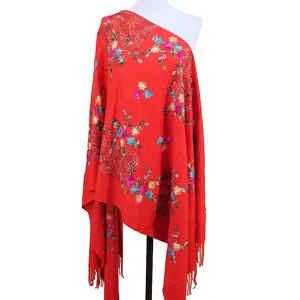 Red embroidered imitation cashmere shawl scarf with colorful floral pattern and fringe design.