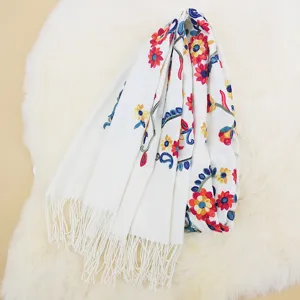 Ethnic floral embroidered cashmere-feel winter scarf with fringe for women warm shawl.