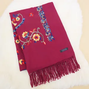 Women autumn winter embroidered tassel cashmere feel scarf elegant floral warm shawl