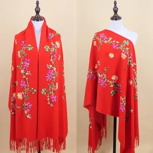Bufanda de Imitación Cachemira para Mujer Vintage Estilo Chino Bordado Floral Borla Chal Largo Invierno Cálido Suave