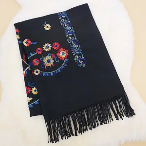 Autumn winter imitation cashmere women scarf with colorful floral embroidery and tassels.