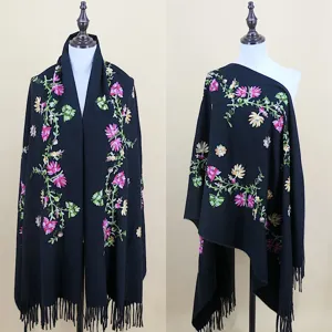 Otoño invierno mujer bordado floral imitación cachemira bufanda elegante negro cálido chal
