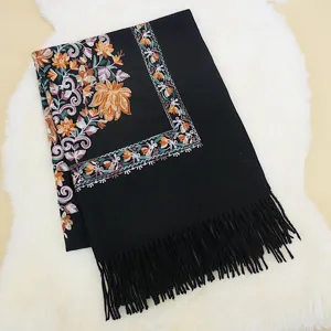 Black embroidered cashmere feel winter scarf with elegant floral fringe shawl design