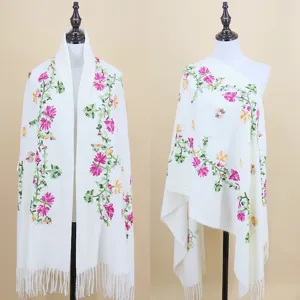 Mujer invierno calido falso cachemir chal elegante floral bordado borlas larga bufanda