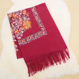 Thick warm women imitation cashmere shawl scarf with ethnic floral embroidery and stylish fringe.
