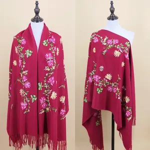 Mujer Otoño Invierno Bordado Floral Tacto Cachemira Bufanda Elegante Chal Con Flecos