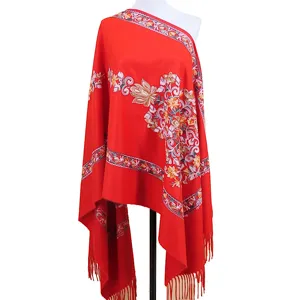 Red embroidered imitation cashmere women shawl winter warm ethnic style fringed scarf