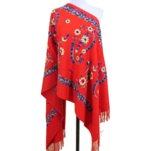 Red embroidered cashmere-like women shawl scarf bohemian winter warm wrap accessory.