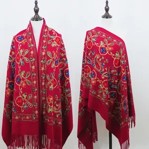 Herfst winter geborduurde kasjmier gevoel warme kwast sjaal omslagdoek rood elegant