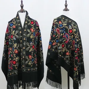 Herfst winter dikke warme zwarte bloemen geborduurde imitatie kasjmier franje sjaal dames
