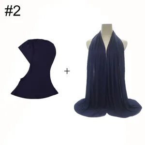 Modal stretchy inner hijab cap and long shawl set for women, soft solid dark blue scarf.