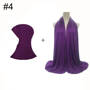 Modal stretch hijab cap and long scarf set, soft purple two-piece women headwear.