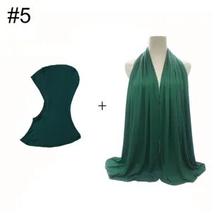 Women Modal Hijab Cap and Scarf Set Dark Green Muslim Inner Cap Long Wrap Scarf Combo