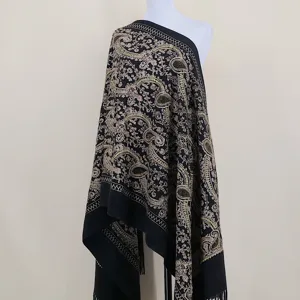 Black cashmere-feel shawl with gold paisley embroidery, elegant ethnic warm winter cape.