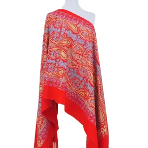 Red paisley embroidered cashmere-feel shawl, ethnic style warm winter cape for women.