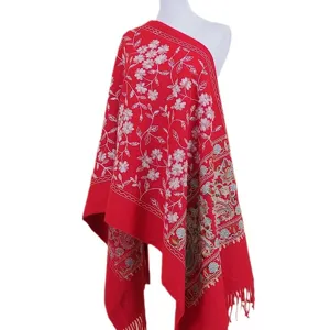 Red cashmere feel embroidered shawl women floral winter warm cape ethnic style clothing main view