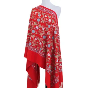 Red imitation cashmere embroidered floral scarf ethnic style warm winter shawl long cape.