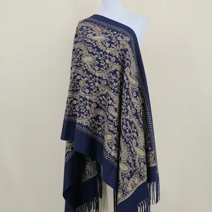 Navy blue cashmere feel shawl with gold paisley embroidery, ethnic style winter warm cape scarf.