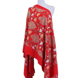 Red imitation cashmere embroidered floral shawl scarf winter warm ethnic style cape for women.