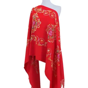 Red embroidered cashmere feel shawl scarf, ethnic style winter warm cape for women.