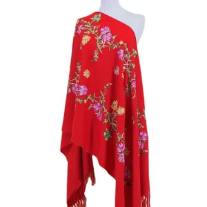 Red cashmere feel embroidered floral shawl wrap winter warm scarf for women tassel