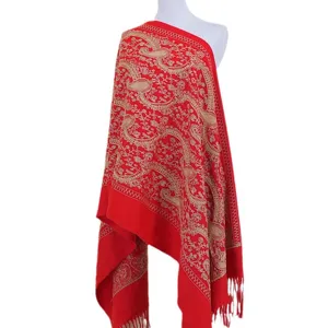 Red gold paisley embroidered cashmere feel shawl winter warm ethnic cape scarf for women