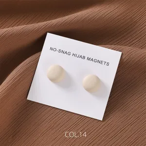 Round matte beige magnetic hijab magnets detail view, simple scarf pins set with card.