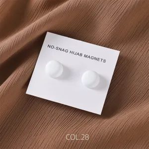 Matte round hijab magnets pair, white anti-snag magnetic pins for scarves and shawls.