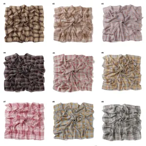 Detailed view of retro plaid pearl chiffon square scarf variants, elegant sun protection shawl.