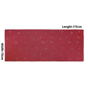 Sciarpa rossa in chiffon con strass stampati digitali che mostra consistenza e dimensioni.
