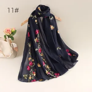 Navy blue floral embroidered cotton linen scarf lightweight breathable sun protection shawl