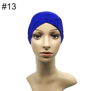 Königblaue Modal elastische Unterziehkappe für Damen, Kreuzvorderseite Turban Hijab Kappe.