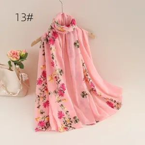 Pink floral embroidered scarf women lightweight breathable shawl soft sun protection wrap.