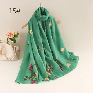 Green floral embroidered lightweight linen scarf for women stylish boho sun protection shawl