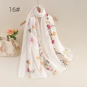 Lightweight cotton linen embroidered scarf for women, soft floral ethnic style shawl.
