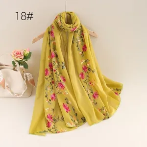 Floral embroidered linen cotton scarf for women, elegant lightweight shawl and sun protection wrap.