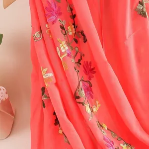 Detailed view of a lightweight coral pink floral embroidered scarf, perfect for women's daily wear.