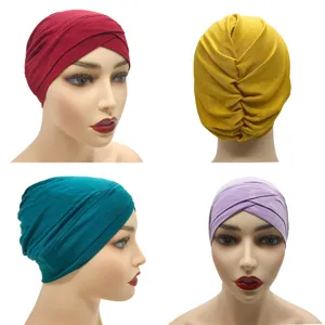 Damen Modal Stretch Unterziehkappe Indische Turban Mütze Vorne Gekreuzt Kopftuch Atmungsaktive Moslemische Hijab Kappe Einfarbig