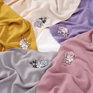 High quality solid color chiffon scarf with handmade rhinestone floral and dragonfly brooch design.